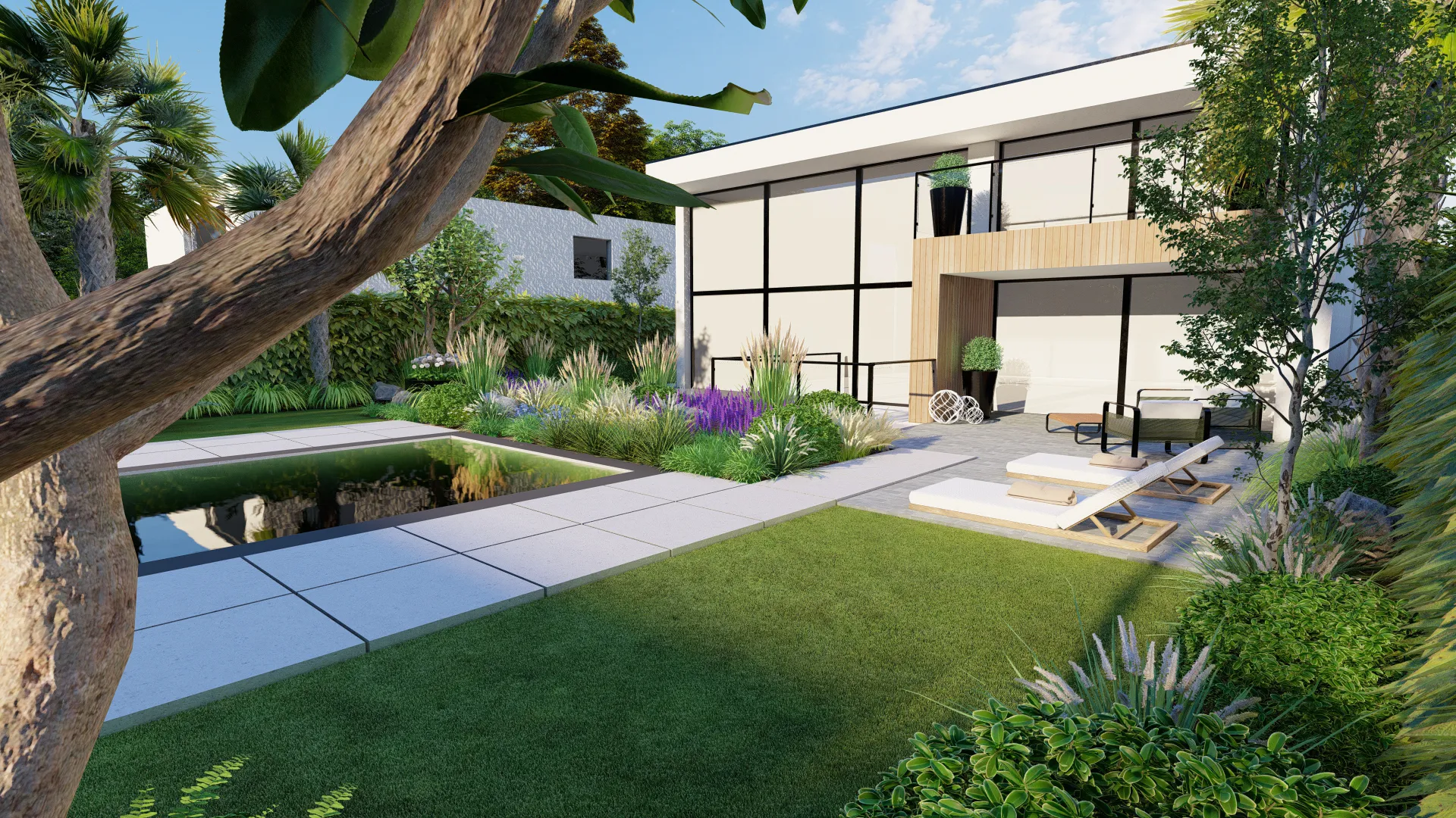 jardin avec piscine et plantes